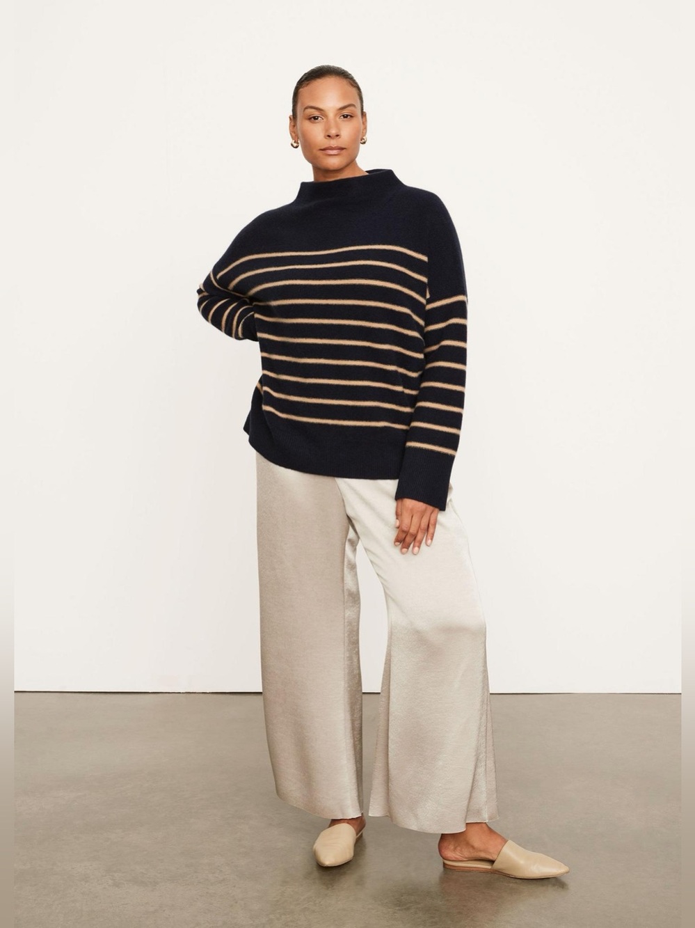 VINCE 100% Cashmere Breton Stripe Funnel Neck Sweater Coastal Blue Tan Oversized